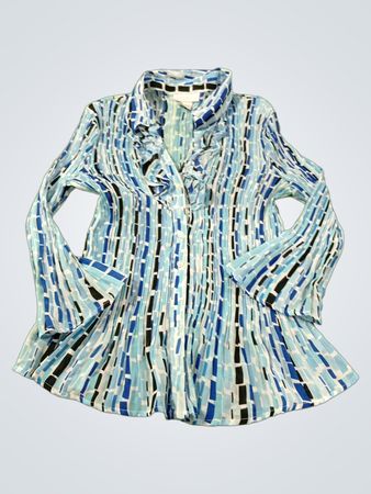 WORTHINGTON Petite Damen Bluse mit blau-weißem abstraktem Druck und Falten