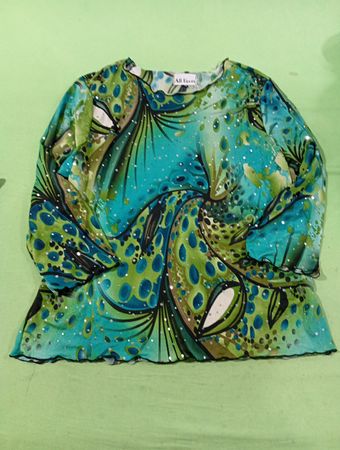 All Hours Damen Top mit langen Ärmeln, blau-grünem Pfauenmuster und Pailletten, Größe M