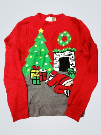 Roter Weihnachtspullover mit Weihnachtsmann, Tanne und Geschenken