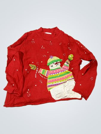 Susan Bristol roter Schneemann-Pullover mit Paillettenverzierung