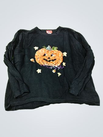 Schwarzer Langarm-Halloween-Pullover mit Pailletten und Kürbismotiv