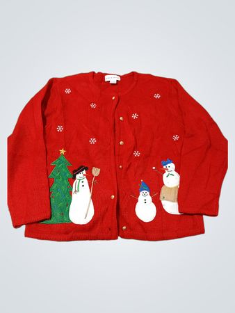 Roter Weihnachtsbaum- und Schneemann-Cardigan