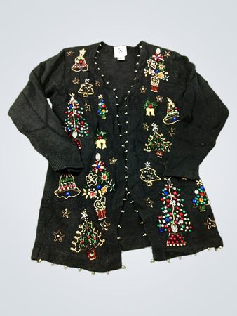 Studio Collection Damen Strickjacke mit schwarzem Weihnachtsbaum und Perlenverzierung
