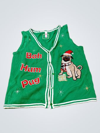 Grüner "Bah Hum Pug" Weihnachts-Pullunder