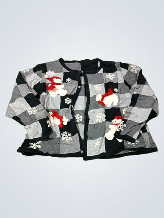 Grau-schwarzer kariiger Cardigan mit Eisbär- und Schneeflockenapplikationen