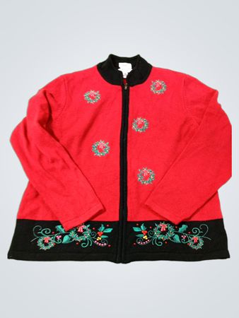 The Tog Shop Damen roter Weihnachtskranz Reißverschluss-Strickjacken-Pullover