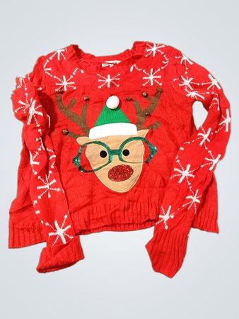Roter Weihnachtspullover mit Rentiergrafik