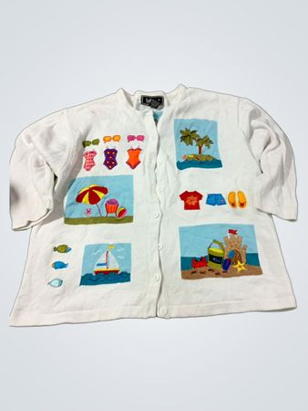 Weißer Bobbie C Cardigan mit Strandmotiv-Applikationen
