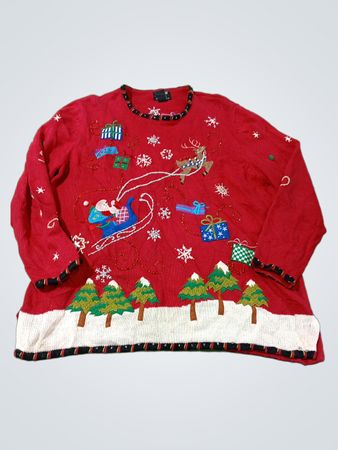 Studio Joy roter Weihnachts-Pullover mit Weihnachtsmann, Rentieren und Bäumen