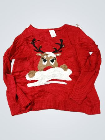 Roter Weihnachtspullover mit Rentiermotiv