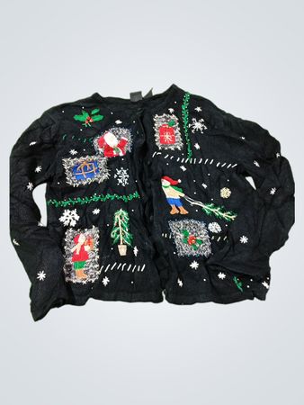 Erika Damen Schwarzer Weihnachtspullover mit Weihnachtsmann und Schneeflocken