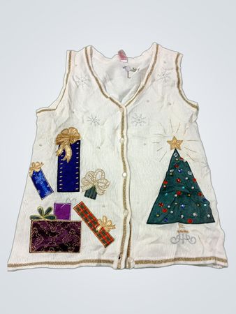 Weißer Weihnachts-Strickweste mit Geschenken und Weihnachtsbaum