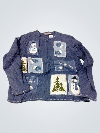 Croft & Barrow Blaue Schneemann-Applikation Reißverschluss-Cardigan vorne