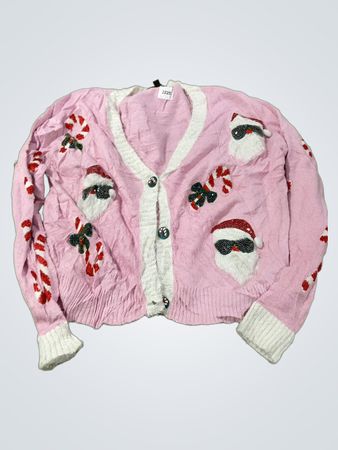 Rosa Weihnachtsstrickjacke mit Weihnachtsmann- und Zuckerstangenmuster