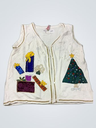 Weißer ärmelloser Weihnachtspullover mit Geschenken und Baum-Applikation