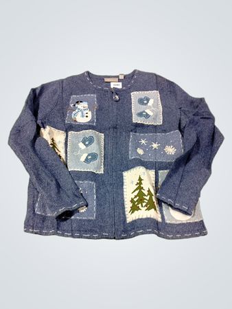 Croft & Barrow Blauer Schneemann- und Weihnachtsbaum-Applikations-Reißverschluss-Cardigan