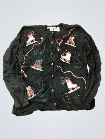 Cambridge Dry Goods Damen-Cardigan mit Eisläuferinnen und Weihnachtsmotiv