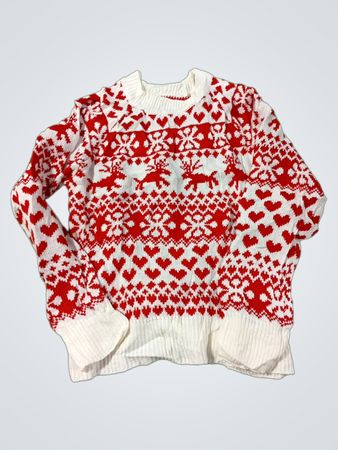 Weißer und roter Weihnachts-Pullover mit Rentier- und Herzmuster
