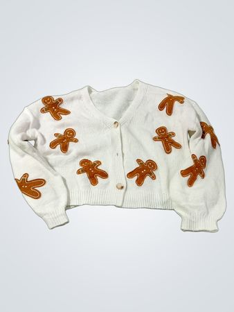 Weißer kurzer Cardigan mit Lebkuchenmann-Muster