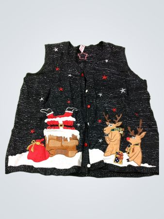 Schwarzer ärmelloser Weihnachtspullover mit Weihnachtsmann und Rentier