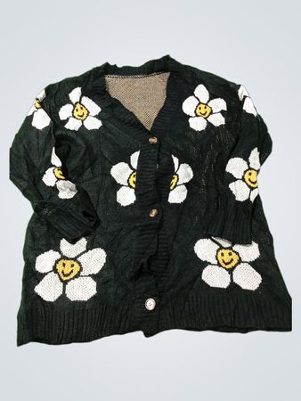 Schwarze Strickjacke mit weißen und gelben Smiley-Blumen