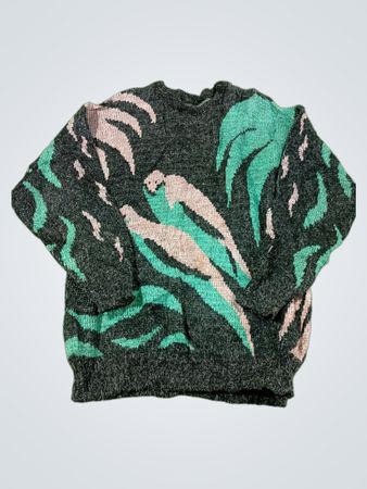 Grauer Pullover mit grünem und rosa abstraktem Muster