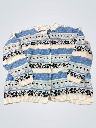 Grace Blue & White Gestreifte Florale Knopf-Cardigan