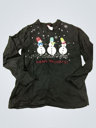 Schwarzer Langarmpullover mit Schneemann-Grafik und „Happy Holidays!“