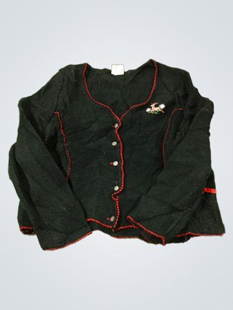Schwarzer Cardigan mit roter Einfassung und Rentier-Stickerei