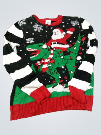 WELL WORN Ugly Christmas Pullover mit Weihnachtsmann, Dinosaurier und Schneeflocken