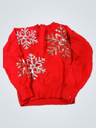 Roter Pullover mit Pailletten-Schneeflocken