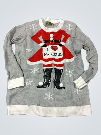 Grauer Weihnachtspullover mit „I love Mr Claus“-Motiv