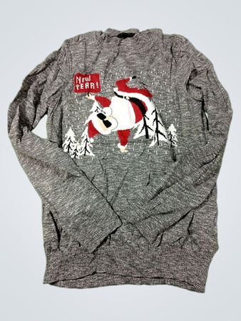 Grau­er Rundhalspullover mit Nikolaus- und Neujahrs-Motiv