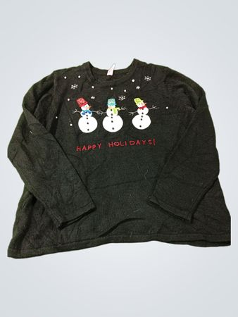 Schwarzer Langarmpullover mit Schneemann-Grafik und dem Text „Happy Holidays!“