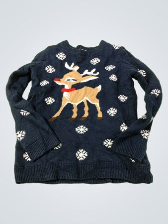 Blauer Weihnachtspullover mit Rentieren und Schneeflocken