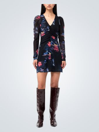 GANNI Printed Mesh Gathered Mini Dress (Like New)