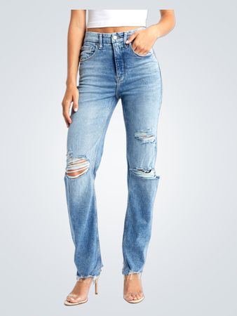 Good American Good Icon High Waist Ripped Straight Leg Jeans (Like New)
