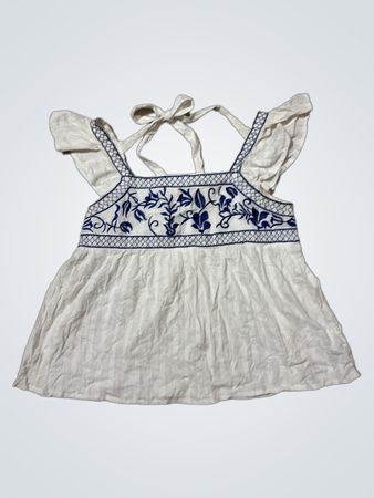 White Blouse with Blue Floral Embroidery