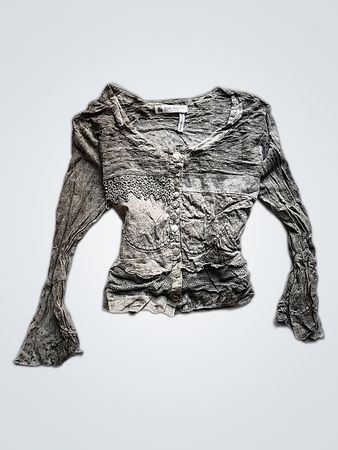 Gray Long-Sleeve Blouse with Lace Details