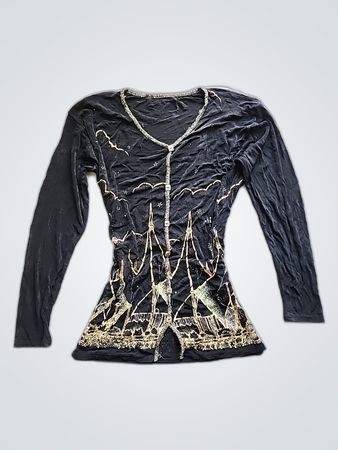 Black Long-Sleeve Top with Gold Design