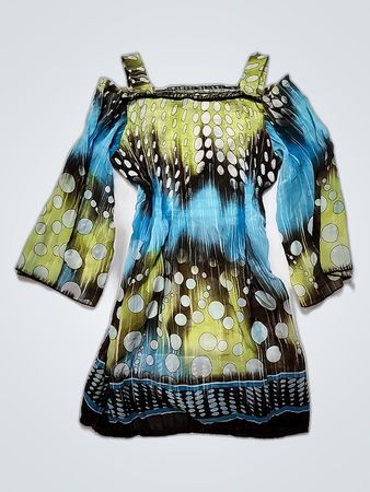 Blouse with Blue, Green, and White Pattern