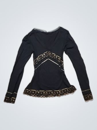 Black Long-Sleeve Top with Gold Embroidery