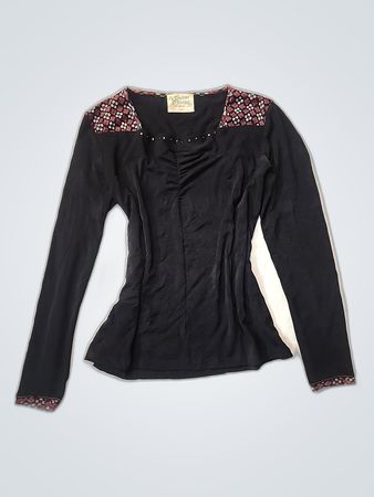 Black Long-Sleeve Top with Floral Accents