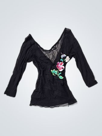 Black Sheer Top with Floral Embroidery