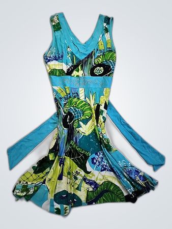 Blue Green Tropical Print Dress