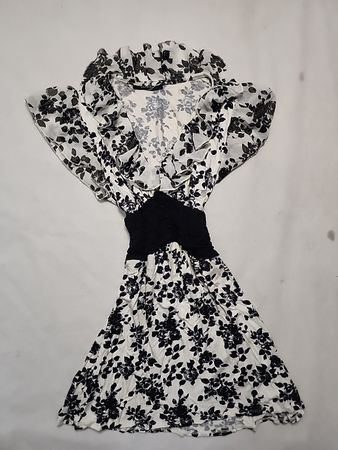 Unbranded Black and White Floral Print Ruffle Sleeve Mini Dress