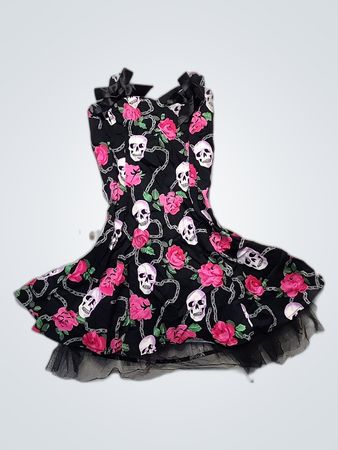 Girl's Black Dress with Skull and Rose Pattern