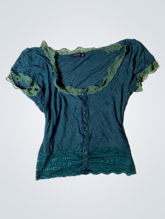 S.Oliver Teal Lace-Trim Ribbed Knit Blouse