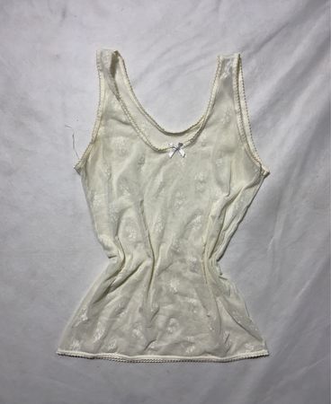 Sheer Beige Tank Top with White Floral Pattern and Ribbon Detail