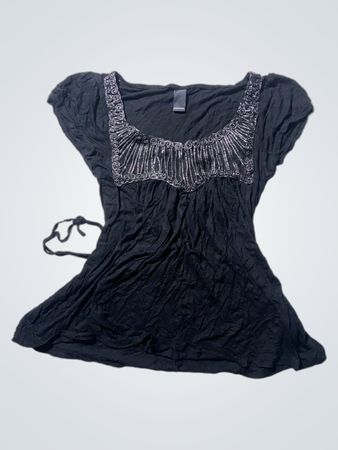 Benetton Black Blouse with Beaded Neckline
